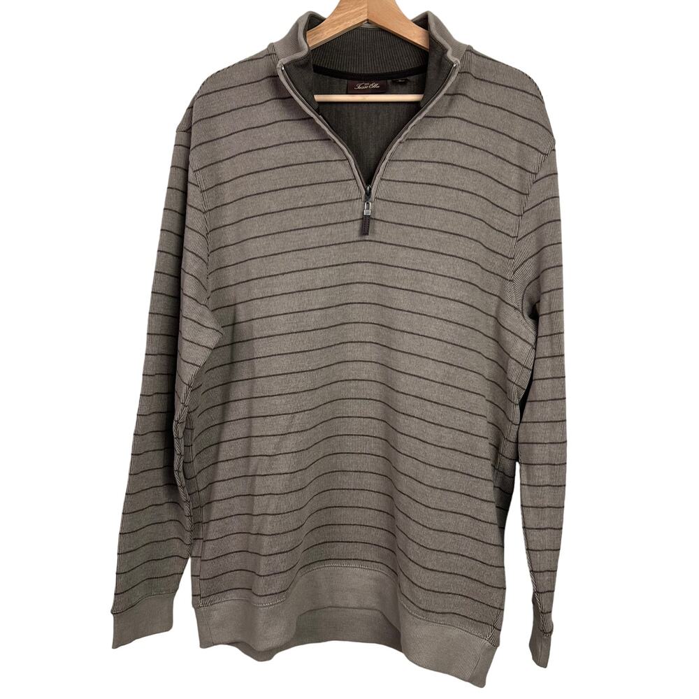 Tasso Elba Men's Mocha Stripe Quarter Zip‎ Pullover Sweater Mock Neck Large NWT